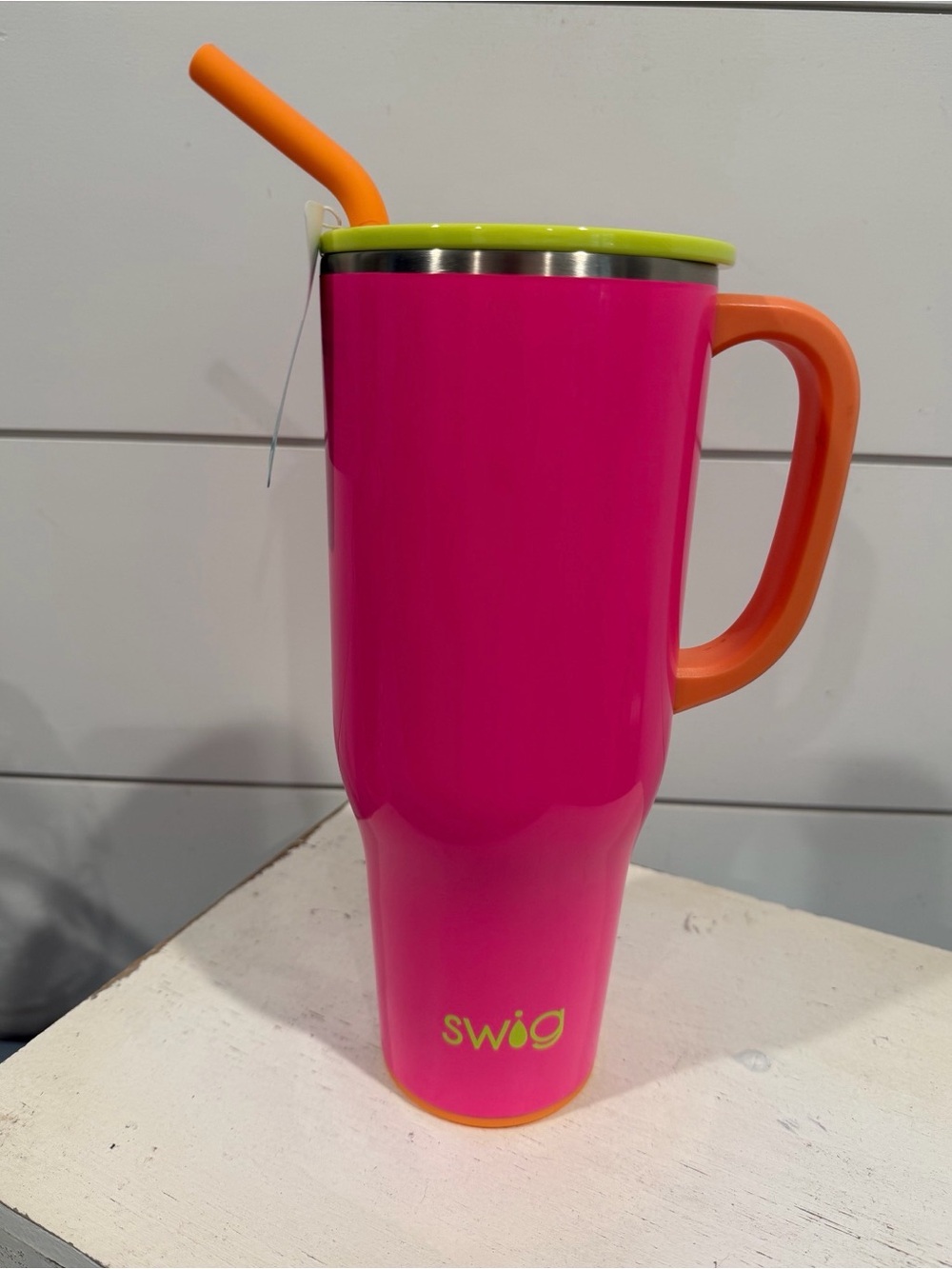 Swig Hot Pink 40oz Travel Tumbler with Orange Handle and Lime Lid